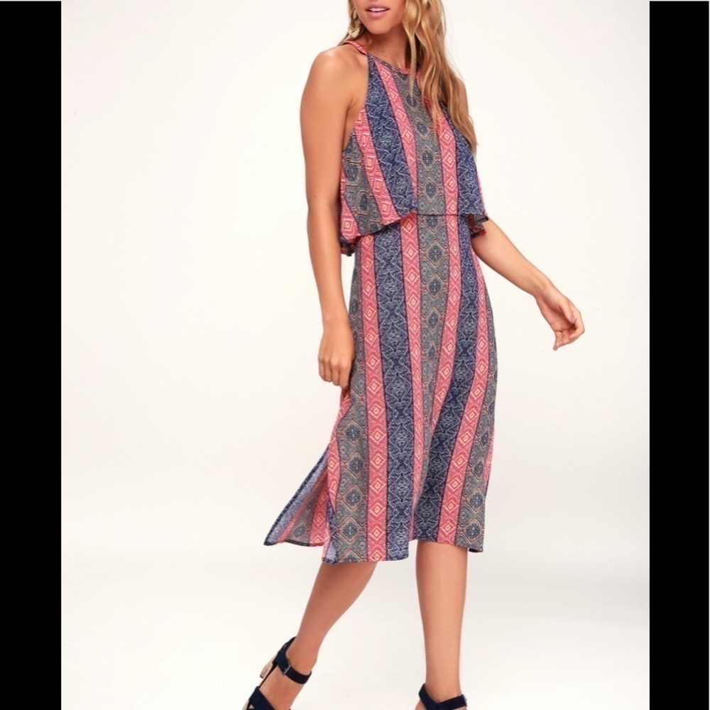Lulus Kassandra Navy Blue Print Sleeveless Midi‎ Dress